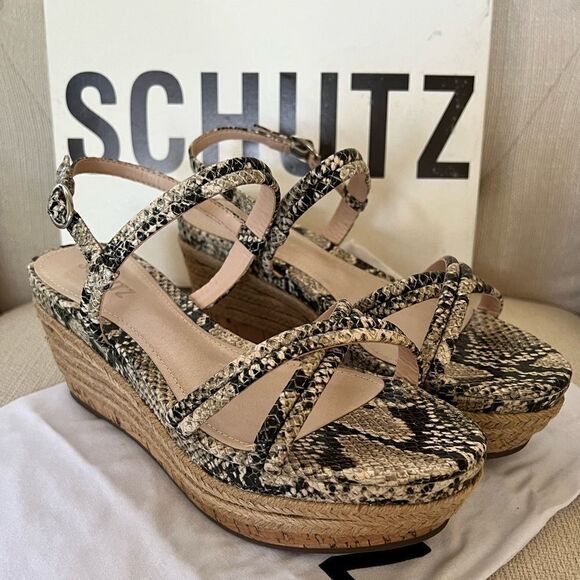 Schutz Isla Snakeskin Embossed Leather Espadrille Wedge Sandal Size 8.5B - Picture 2 of 8